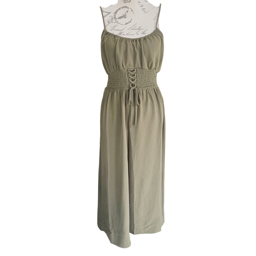 Pie in the Sky‎ Olive Green Smocked Lace Up Wide Leg Jumpsuit Women's L